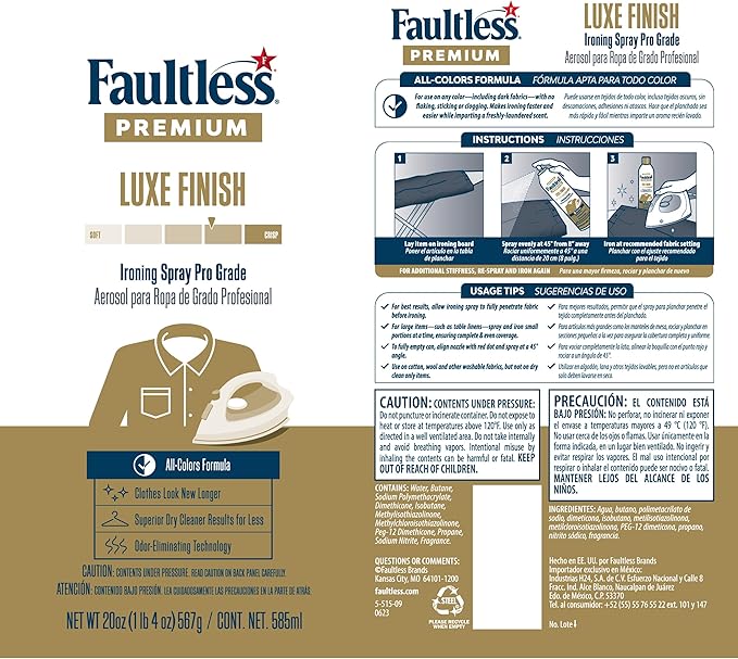 Faultless Premium Luxe Spray Starch (20 Oz, 4 Pack) Spray Starch for Ironing that Makes Your Clothes New Again, Use as a Spray on Starch that Reduces Ironing Time with No Flaking, Sticking or Clogging