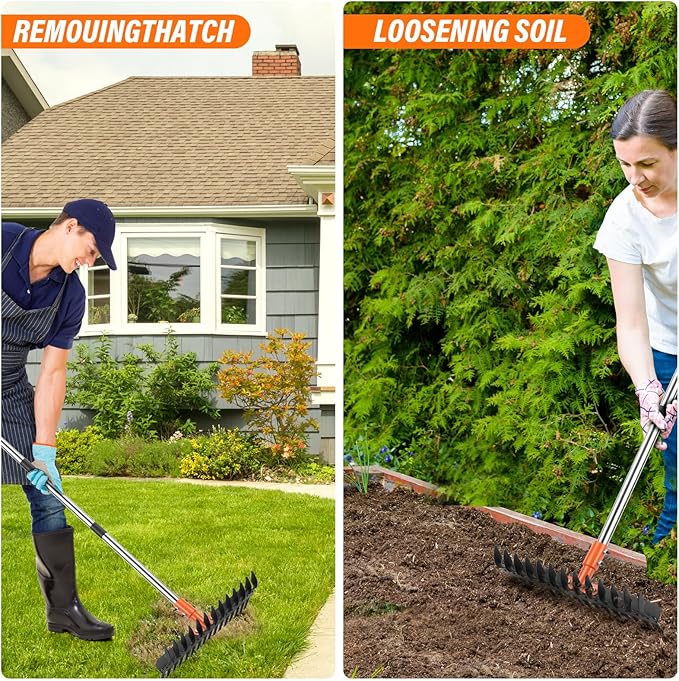 Garden Thatch Rake for Lawn, Heavy Duty Metal Thatching rake with Strong Handle, Wide 15inch Iron Dethatcher Rakes for Yard Leaf & Weed Clean, Soil Loose, Grass Groom