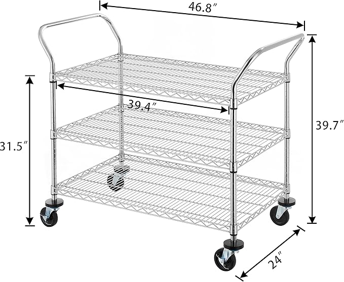 Finnhomy 3-Tier Commercial Grade Rolling Cart, Heavy Duty Utility Cart with Wheels and Handles, Metal Kitchen Carts on Wheels with 600 lbs Capacity, Shelf Size 24" D x 40" W, NSF