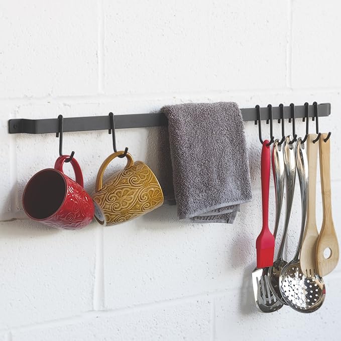 Wallniture Casto 30" Gourmet Kitchen Rail with 15 S Hooks for Hanging Kitchen Utensils Set and Cookware, Iron, Frosty Black