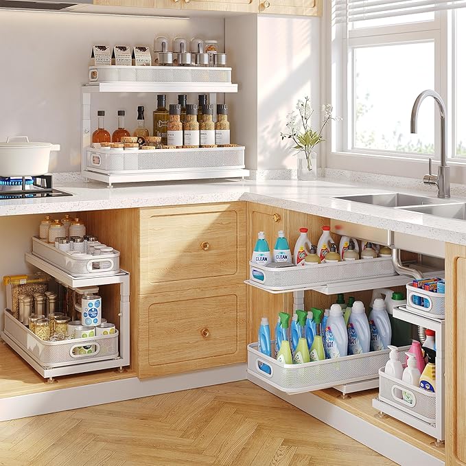 2-Pack 18.5 IN Depth Under Sink Organizer With Next-Gen Ball-Bearing Slides,Sophisticated Mesh 2-Tier Pull Out Shelf for Kitchen & Bathroom,Fits Small Items-Gun Gray