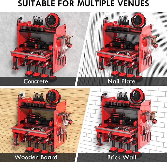 KSVO Power Tool Organizer Wall Mount with Drill Rack & Locking Drawers - Heavy Duty Metal Tool Shelf for Garage, Workshop, Shed, Basement Tool Organization - Gift for Men/Father (Red)
