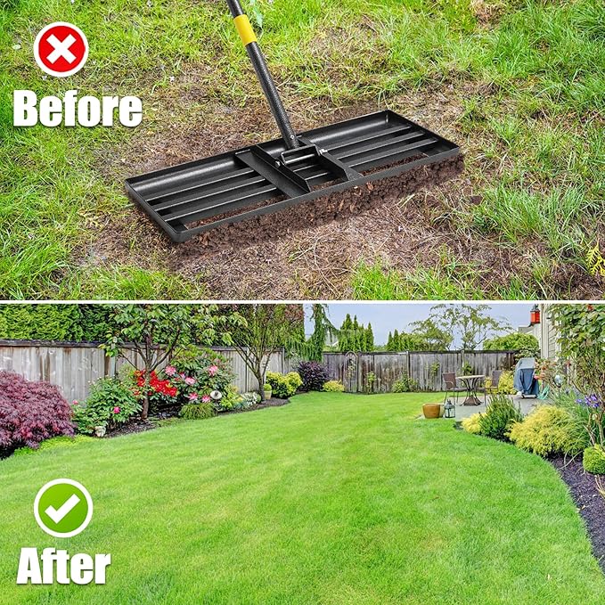 Lawn Leveling Rake, Heavy Duty 30"x10" Ground Leveler with 5FT Adjustable Handle for Yard Garden Lawn Leveling, Soil Sand Spreading Dirt Top Dressing