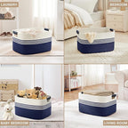 72L Large Laundry Basket with Leather Handles for Living Room Storage, Woven Rope Baskets Bin for Blanket, Kids Toy, Gifts, Wicker Hamper for Bedroom Dirty Clothes, 22"x17"x12" White Navy