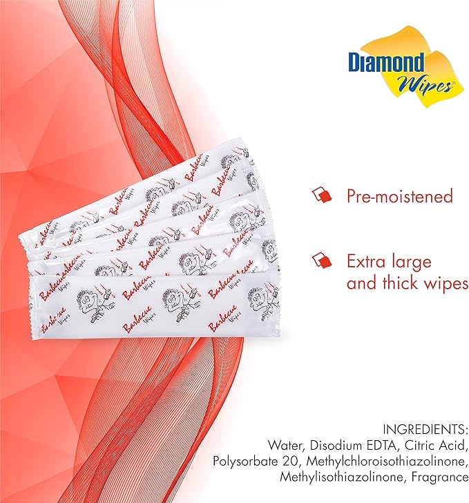 Diamond Wipes Pre-moistened Hand Wipes - “BBQ and Grill” Logo 10x8” Extra Thick Pack of 250 Individually Wrapped Wet Wipes For Cookouts, BBQs, Catering