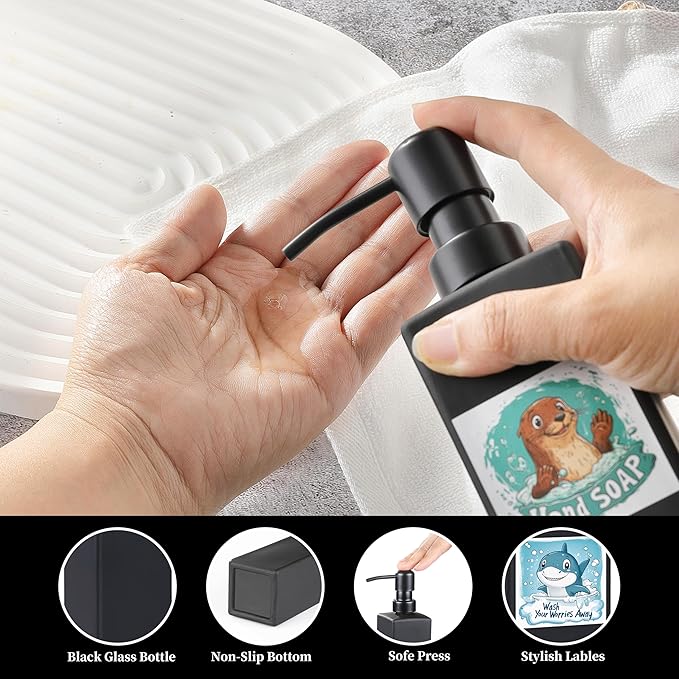 Soap Dispenser Bathroom, JINLIFA 12oz Black Glass Refillable Liquid Hand Dish Soap Dispenser (5 Labels)