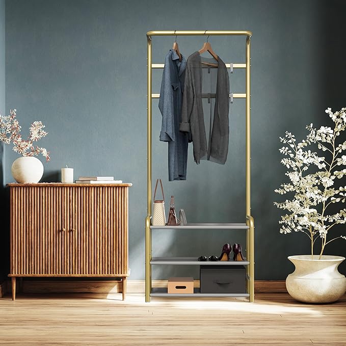 SIMPLE HOUSEWARE Coat Rack with Storage Shelf, Freestanding Hall Tree with Hooks for Entryway, Bedroom, Office, Black Metal Clothes Hanger Stand for Coats, Hats, Jackets, Bags - Champagne Gold