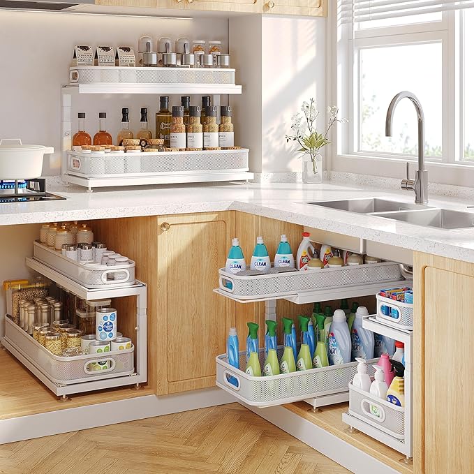 2-Pack 21.3 IN Depth Under Sink Organizer With Next-Gen Ball-Bearing Slides,Sophisticated Mesh 2-Tier Pull Out Shelf for Kitchen & Bathroom,Fits Small Items-Gun Gray