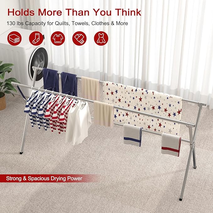 Clothes Drying Rack, Heavy-Duty Folding Laundry Drying Rack for Indoor Outdoor Use, 50.4-78.7" Extendable Stainless Steel, Space-Saving Design, Foldable Freestanding Airer