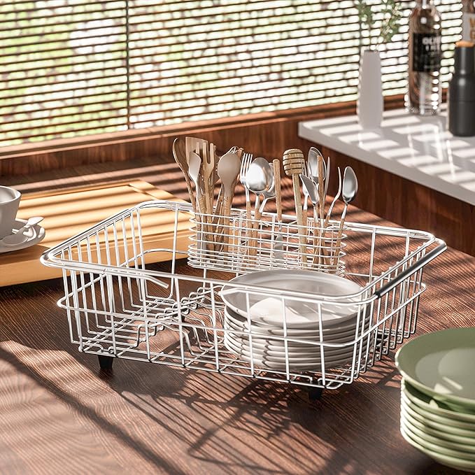 NiuYichee 304 Stainless Steel Utensil Holder, Dish Drying Rack, kitchen Utensil Organizer, Knife and Fork Drainage Rack, Kitchen Drainage Basket Accessories, With Hooks, Rust Proof, Color-Silver