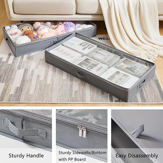 3 Pack Under Bed Storage Containers, Low Profile Underbed Shoes and Clothes Storage Organizer with Sturdy Sidewalls/Bottom, Large Dorm Storage Bins,33 * 17 * 4.5 inches,45L