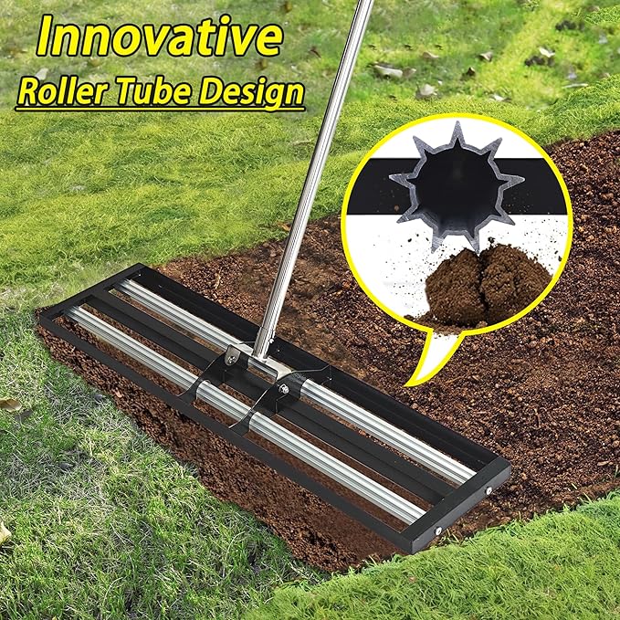 30"x10"Lawn Leveling Rake with Aluminum Rollers, Stainless Steel Yard Lawn Leveler Tool with Adjustable Long Handle, Yard Leveling Rake Suit, Levelawn Tool for Soil, Grass, Golf Course, Garden, Farm