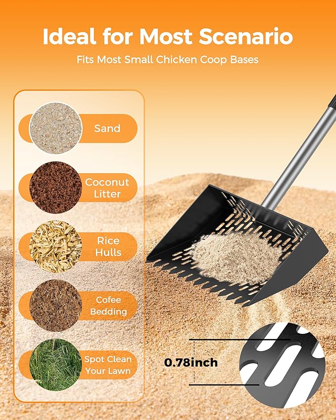 Chicken Poop Scooper with Ergonomic Grip, 4 in 1 Adjustable Chicken Coop Pooper Shovel (24 to 70"), Sifting Litter Shovel Scoop for Chicken Coop/Goat Stall/Stable Cleaning