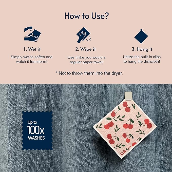 Swedish Dishcloths for Kitchen, 8 Pack Reusable Paper Towels with Clips, Non-Scratch Swedish Kitchen Towels, Super Absorbent Cellulose Sponge Cloths, Dishwasher Safe, No Odor