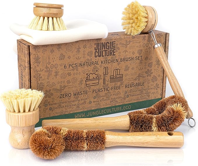 Jungle Culture® 6 Piece Natural Dish Brushes for Washing Up • Eco Dish Brush Kitchen Cleaning Set • Plant Based Coconut Scrubbers • Bottle/Pot Brush & Eco Friendly Scourer Sponge for Pans & Dishes