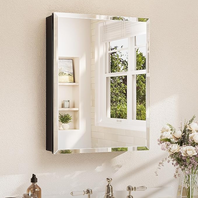 TETOTE 20 x 26 Bathroom Vanity Mirror Cabinet with Tempered Beveled Mirror Black Medicine Cabinet Aluminum Cabinet DTC Hinges, Stepless Adjustable Shelves, Recessed/Surface-Mounted