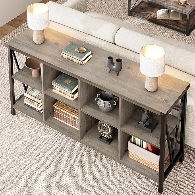 GarveeHome 8 Cube Storage Organizer Bookshelf, 3 Tier Metal Horizontal Bookcase, 62 Inch Console Bookshelf, Industrial Storage Bookcase for Entryway, Long Low Bookshelves for Living Room-Grey