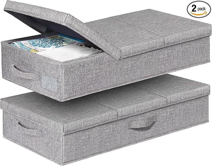 punemi Under Bed Storage With Lids, 2 Pack Large Underbed Storage Containers Clothes W/ 3 Handles, Foldable Low Profile Stackable Drawer Organizer Bins Box for Blanket Shoe Bedroom, 31.1*15.7*6inch