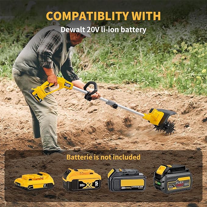 Cordless Tiller Cultivator for Dewalt 20V Battery(Tool Only), Brushless Motor,Electric Garden Tiller w/360 RPM, 9In Tilling Width and 6.6In Depth Garden Rototiller for Lawn/Soil Cultivation