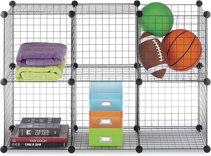 Whitmor Storage Cubes - Stackable Interlocking Wire Shelves - 14.25"D x 14.5"W x 14.5"H - Black (Set of 6)