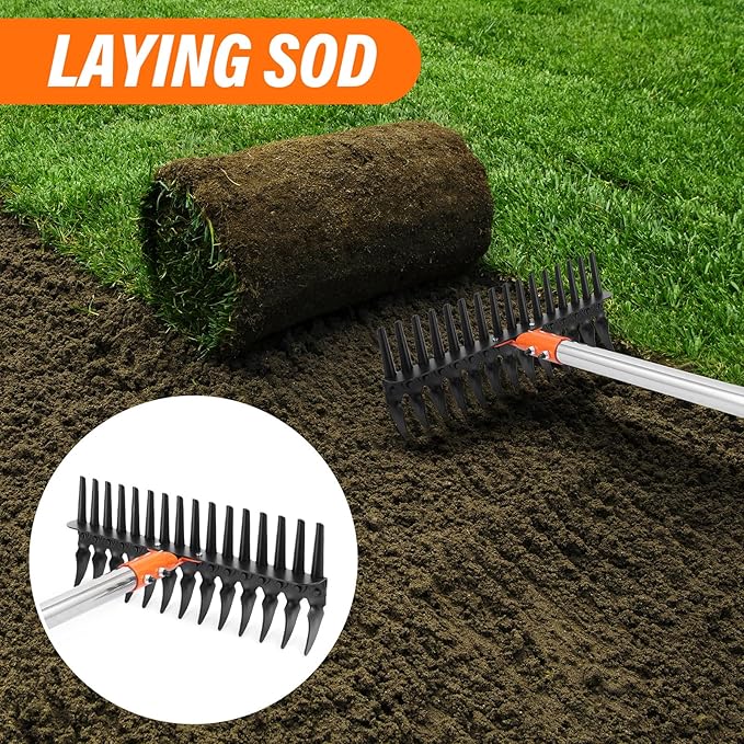 Garden Thatch Rake for Lawn, Heavy Duty Metal Thatching rake with Strong Handle, Wide 15inch Iron Dethatcher Rakes for Yard Leaf & Weed Clean, Soil Loose, Grass Groom