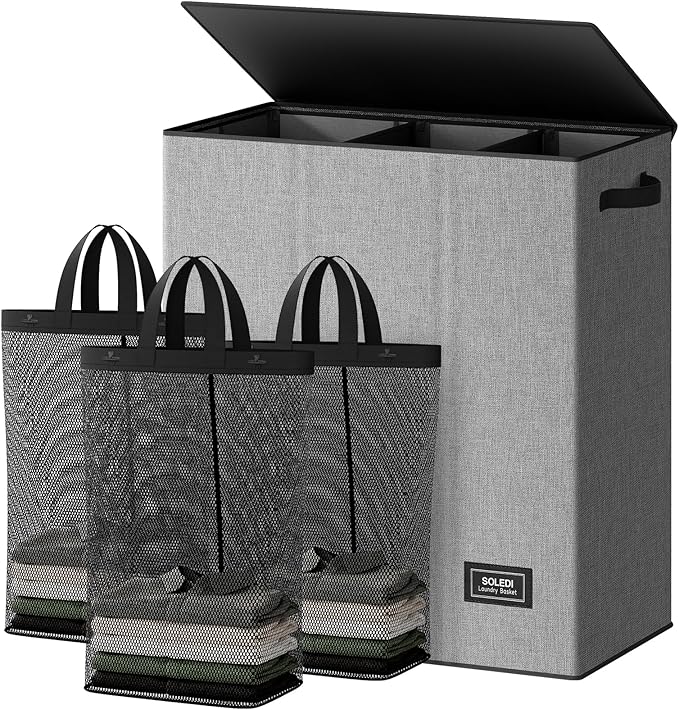 SOLEDI 160L Laundry Hamper 3 Section, Extra Large Laundry Hamper with Lid, Dirty Clothes Hamper with Sturdy Handle, Large Laundry Basket Organizer for Laundry Room, Bedroom, Hampers for Laundry
