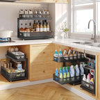 2-Pack 18.5 IN Depth Under Sink Organizer With Next-Gen Ball-Bearing Slides,Sophisticated Mesh 2-Tier Pull Out Shelf for Kitchen & Bathroom,Fits Small Items-Black