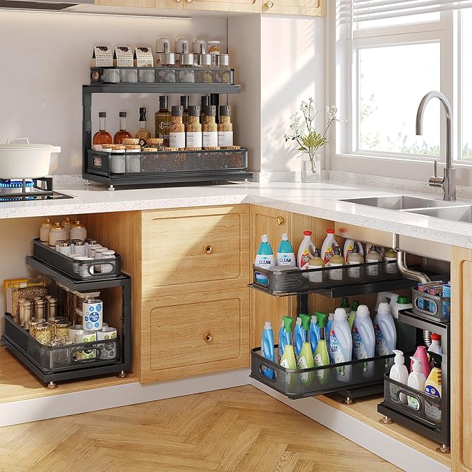 2-Pack 18.5 IN Depth Under Sink Organizer With Next-Gen Ball-Bearing Slides,Sophisticated Mesh 2-Tier Pull Out Shelf for Kitchen & Bathroom,Fits Small Items-Black