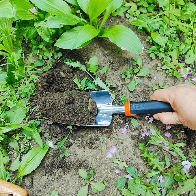 Gardening Tool Set Including Hand Trowel, Transplant Trowel, Cultivator Hand Rake, Pruning Shears and Weeder, Non-Slip Rubber Grip (5 pcs Orange)