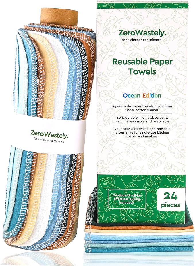 Reusable Paper Towels - Value Pack of 24 Paperless Paper Towels! - 100% Cotton, Super Soft, Absorbent, Washable and Made To Last