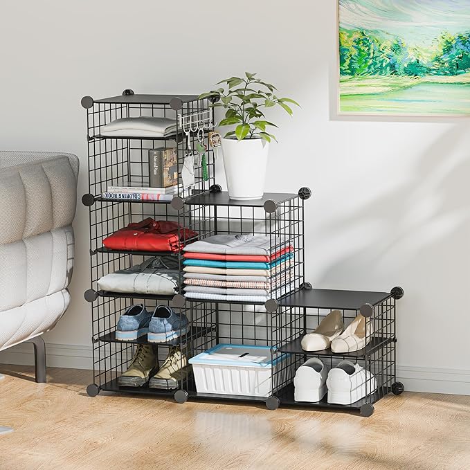 Wire Cube Storage Organizer, 6 Cubes Converted into 7 Cubes, Sturdy Metal Grids Storage Shelf Closet Shelving Units and Storage, Shelves for Bedroom LIvingroom Office
