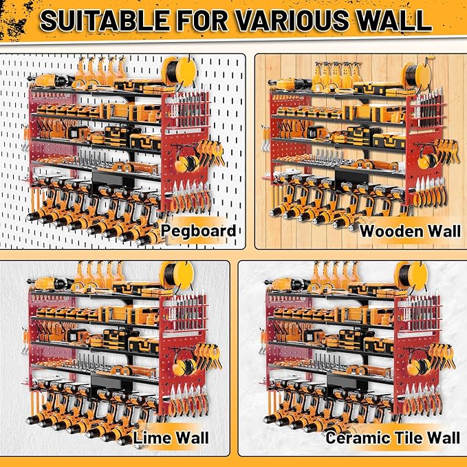 5 Layers Power Tool Organizer Wall Mount, Metal Cordless Tool Hanger Storage Rack Holder with 8 Drill Holders, Heavy Duty Garage Wall Tool Shelf for Workshop Tool Room Shed Pegboard Red