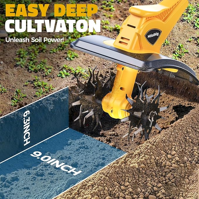 Cordless Tiller Cultivator Compatible with Dewalt 20V: MtiolHig Tiller for Gardening 360RPM Electric Garden Tiller, Brushless Rototiller 9" Width 6.3" Depth for Lawn/Soil Cultivation (No Battery)