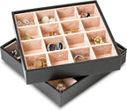 Earring Organizer Tray - Set of 2 - Stackable 32 Slots Jewelry Storage Trays - Display on Dresser or Drawer - Compatible with Other Glenor Trays - Black