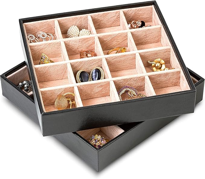 Earring Organizer Tray - Set of 2 - Stackable 32 Slots Jewelry Storage Trays - Display on Dresser or Drawer - Compatible with Other Glenor Trays - Black