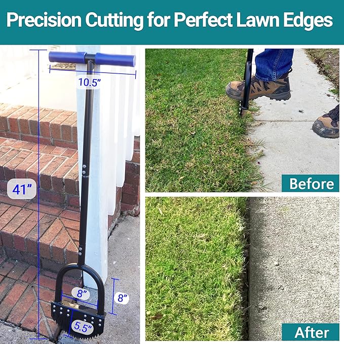 Edger Lawn Tool 41in Border Edger with Tempered Spring Steel Blade Long Rubber Handle Wide Footplate Rustproof Manganese Steel Half Moon Edger for Garden Maintenance