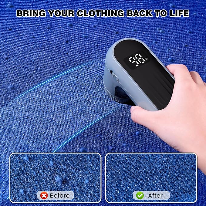 Fabric Shaver | Lint Remover with Digital Display, Electric Lint Shaver for Clothes, Sweater, and Furniture | 6-Leaf Blades, USB Rechargeable, Removes Pilling, Fuzz, Lint Balls, and Fabric Pills