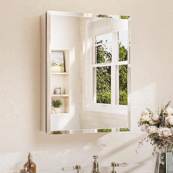 TETOTE 20 x 26 Bathroom Mirror with Storage with Tempered Beveled Mirror Silver Medicine Cabinet Aluminum Cabinet DTC Hinges, Stepless Adjustable Shelves, Recessed/Surface-Mounted