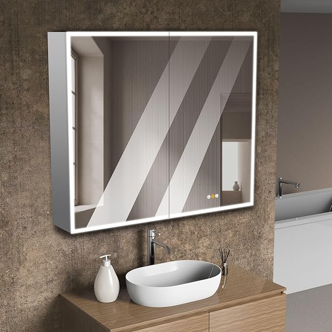 Gray Medicine Cabinets for Bathroom with Mirror, Surface Mounted LED Medicine Cabinets Mirror with Defogger, Dimmer, Outlets & USB, Double Doors, 42”W x 36”H