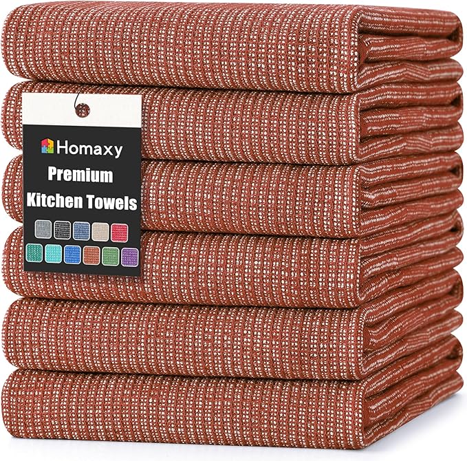 Homaxy Premium Kitchen Towels(18”x 28”, 6 Pack), Large Cotton Kitchen Hand Towels, Flat and Terry Dish Towels, 380 GSM Highly Absorbent Tea Towel Set with Hanging Loop, Rust