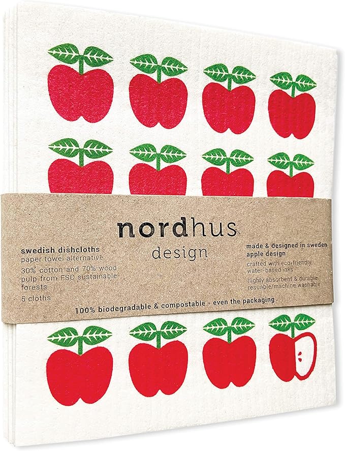 Nordhus Design Swedish Dishcloths, 5 Apple Cloths, Made in Sweden - Reusable, Washable Cellulose Cotton Kitchen Cloths - Replace Paper Towels, Wipes, Sponges, Dish Rags