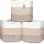 NaturalCozy 13 Inch Cube Storage Bins Cotton Rope Woven Baskets for Organizing 3-Pack | 13 x 13 Storage Cubes | Fabric Square Storage Baskets for Shelves Organizer, Kids Toy Bins, Closet Baby Nursery