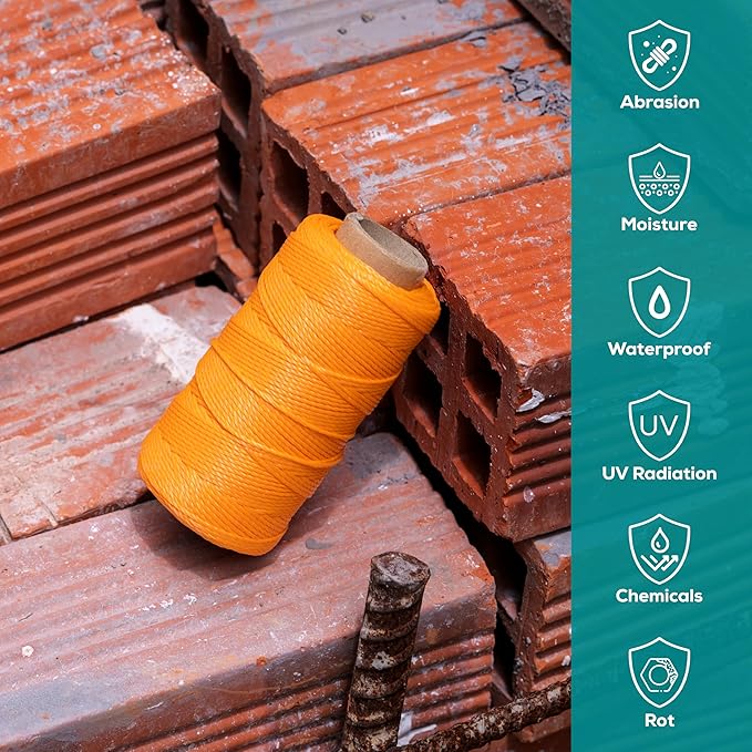 Orange Mason Line String – 393ft, 1.3mm Thick Twisted Polypropylene – Durable Construction Twine for Laying Bricks, Blocks, Fences in Gardening, DIY & Landscaping Projects