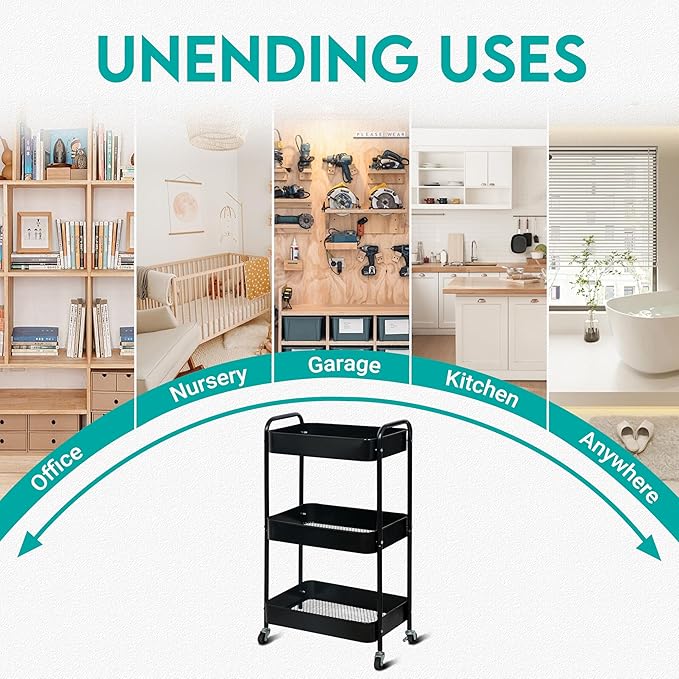 3 Tier Rolling Cart, Metal Utility Cart with 4 Hooks, Rolling Storage Cart on Wheels, Small Organizer Cart for Nursery, Kitchen, Living Room, Bathroom, Black