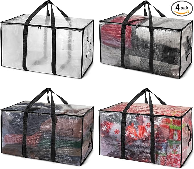 ClearSpace Heavy Duty Moving Bags or Storage Bags – Clear Storage Bins with Lids, Large Moving Boxes with Backpack Straps & Zippers – Packing Bags & Moving Supplies for College Dorm- 4 Pack