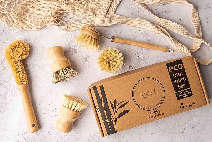 Wooden Dish Brush Set | 4 Kitchen Washing Up Brushes & One Replacement Head | Bamboo & Natural Fibers | Eco Friendly Wooden Pot Brush Scourer Scrubber Sponge Alternative