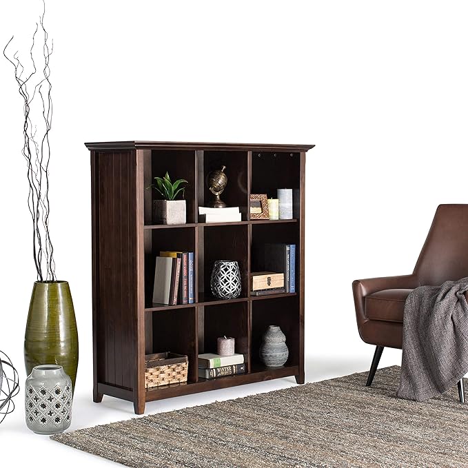 SIMPLIHOME Acadian Bookcase - 44 inch Tall 9-Cube Solid Wood Cube Organizer in Brunette Brown, Transitional Bookcase Storage for Living Room, Study Room or Office with Fixed Shelves and Tapered Legs