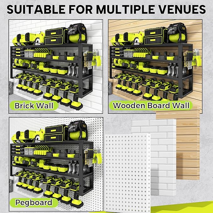 Large Power Tool Organizer Wall Mount,4 Layers 8 Drill Holder Heavy Duty Metal Cordless Tool Storage Loads 420lbs with Screwdriver Holder,Utility Racks for Garage, Workshop, Pegboard, Shed - 32 Inch