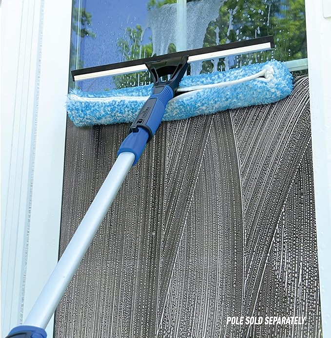 Unger Professional Connect and Clean 2-in-1 Squeegee and Scrubber, 14” Window Cleaning Tool, Essential Glass Cleaner for Commercial and Residential Use, Reusable Microfiber Sleeve, Streak-Free Results