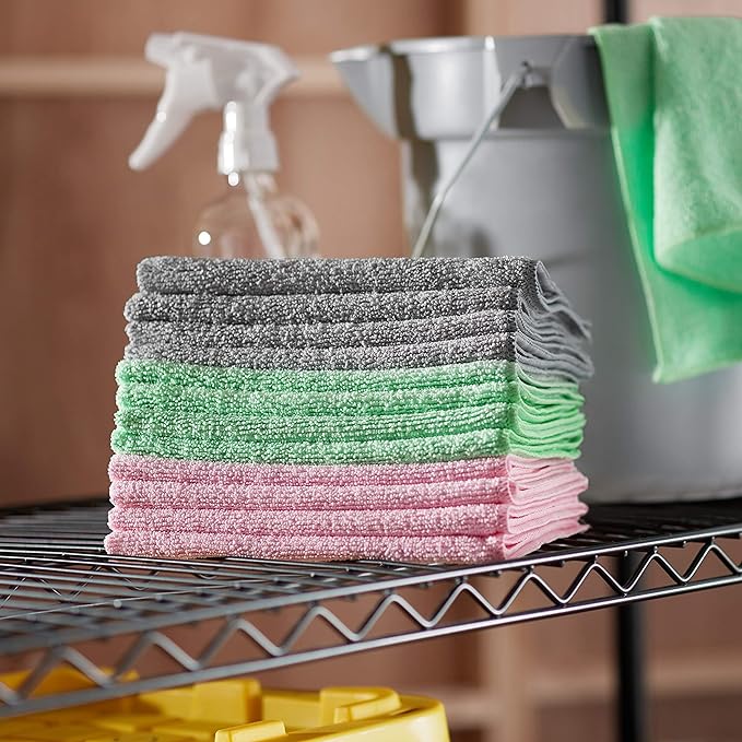 Amazon Basics Microfiber Cleaning Cloths, Ultra Absorbent, Scratch-Free, Non-Abrasive, Reusable and Washable, 16" x 12", Green/Gray/Pink, 48-Pack